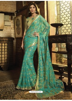 Aqua Mint Brasso Embroidered Party Wear Saree