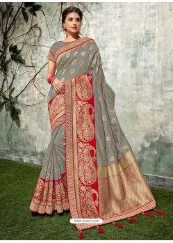 Grey Weaved Silk Jacquard Worked Designer Saree