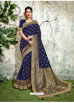 Navy Blue Weaved Silk Jacquard Worked Designer Saree