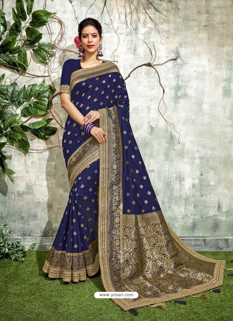 Buy Navy Blue Weaved Silk Jacquard Worked Designer Saree | Designer Sarees