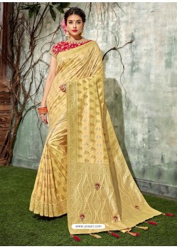 Cream Weaved Silk Jacquard Worked Designer Saree