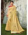 Cream Weaved Silk Jacquard Worked Designer Saree