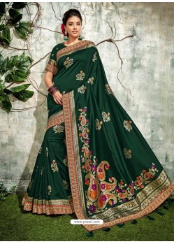 Dark Green Weaved Silk Jacquard Worked Designer Saree