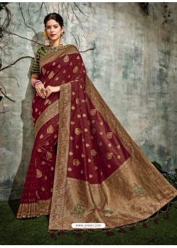 Maroon Weaved Silk Jacquard Worked Designer Saree