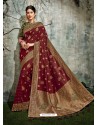 Maroon Weaved Silk Jacquard Worked Designer Saree