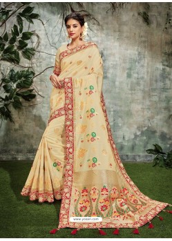 Off White Weaved Silk Jacquard Worked Designer Saree