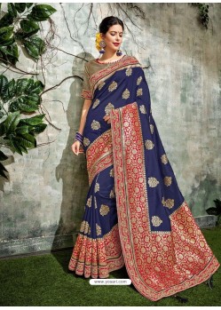 Graceful Navy Blue Weaved Silk Jacquard Worked Designer Saree