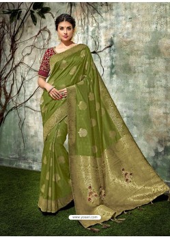 Mehendi Green Weaved Silk Jacquard Worked Designer Saree