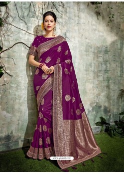 Purple Weaved Silk Jacquard Worked Designer Saree