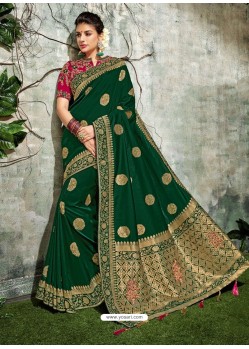 Buy Desirable Dark Green Weaved Silk Jacquard Worked Designer Saree ...