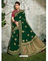 Desirable Dark Green Weaved Silk Jacquard Worked Designer Saree