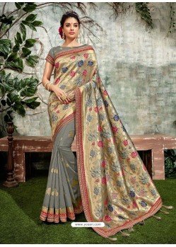 Gold And Grey Weaved Silk Jacquard Worked Designer Saree