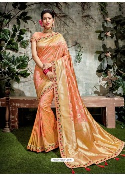 Peach Weaved Silk Jacquard Worked Designer Saree