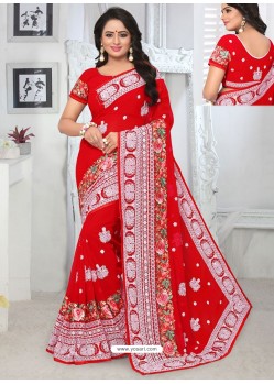 Red Georgette Embroidered Designer Saree