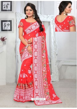 Dark Peach Georgette Embroidered Designer Saree