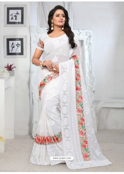 White Georgette Embroidered Designer Saree