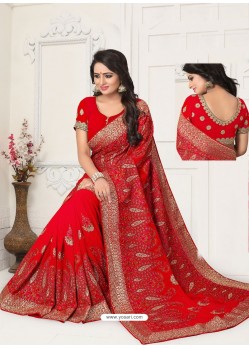 Fashionable Red Georgette Embroidered Designer Saree