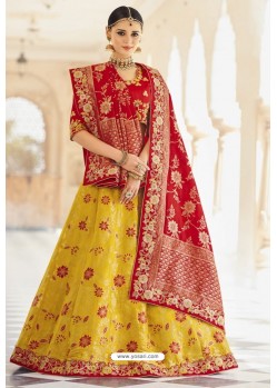 Yellow And Red Silk Embroidered Designer Lehenga Choli