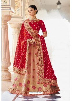 Red And Peach Silk Embroidered Designer Lehenga Choli