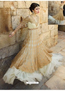 Off White And Gold Net Embroidered Floor Length Suit