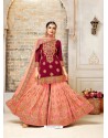 Red And Peach Faux Georgette Hand And Embroidered Worked Sarara Suit