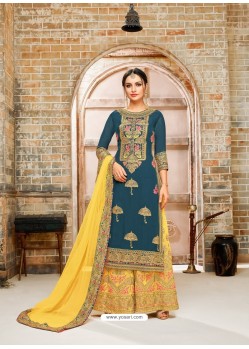 Teal And Yellow Faux Georgette Hand And Embroidered Worked Sarara Suit