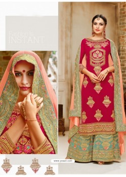Red And Aqua Mint Faux Georgette Hand And Embroidered Worked Sarara Suit