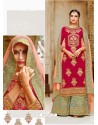 Red And Aqua Mint Faux Georgette Hand And Embroidered Worked Sarara Suit