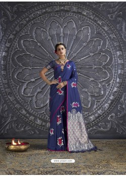 Navy Blue Silk Blend Jacquard Work Saree