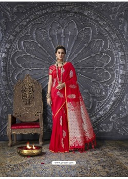 Red Silk Blend Jacquard Work Saree