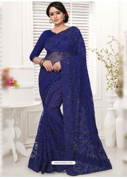 Navy Blue Net Resham Worked Designer Saree