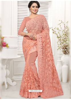 Peach Net Resham Worked Designer Saree