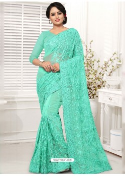 Aqua Mint Net Resham Worked Designer Saree