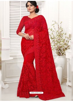 Red Net Resham Worked Designer Saree