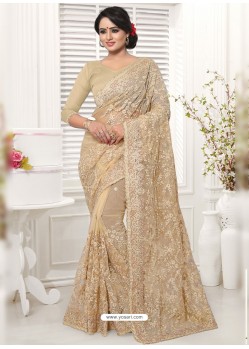 Beige Net Resham Worked Designer Saree