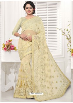 Cream Net Resham Worked Designer Saree