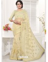 Cream Net Resham Worked Designer Saree