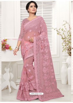 Light Pink Net Resham Worked Designer Saree