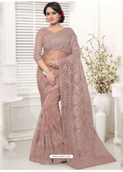 Light Brown Net Resham Worked Designer Saree