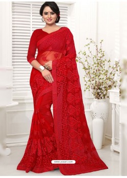 Glorious Red Net Designer Saree