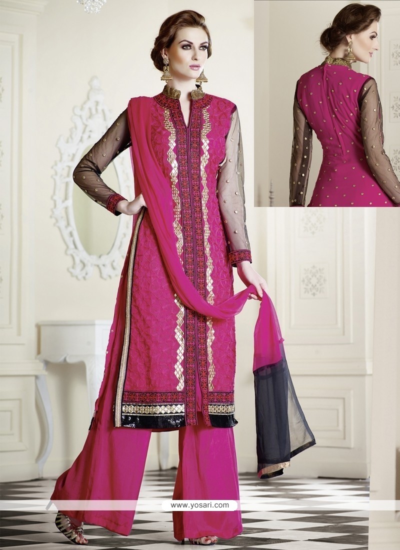 Hot Pink Embroidery Work Georgette Palazzo Suit