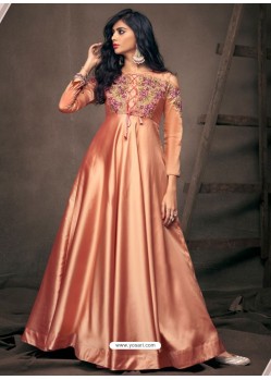 Peach Silk Embroidered Party Wear Gown