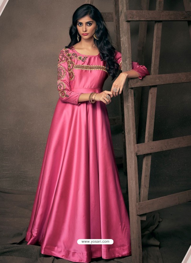 Buy Hot Pink Silk Embroidered Party Wear Gown | Gowns