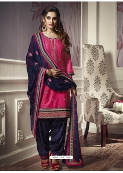 Medium Violet Cotton Satin Embroidered Salwar Suit