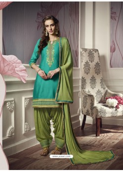 Aqua Mint Cotton Satin Embroidered Salwar Suit