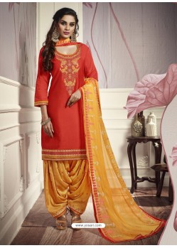 Orange Cotton Satin Embroidered Salwar Suit