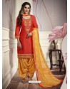 Orange Cotton Satin Embroidered Salwar Suit