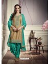 Golden Cotton Satin Embroidered Salwar Suit