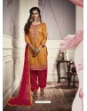 Mustard Cotton Satin Embroidered Salwar Suit