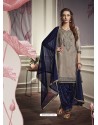 Grey Cotton Satin Embroidered Salwar Suit